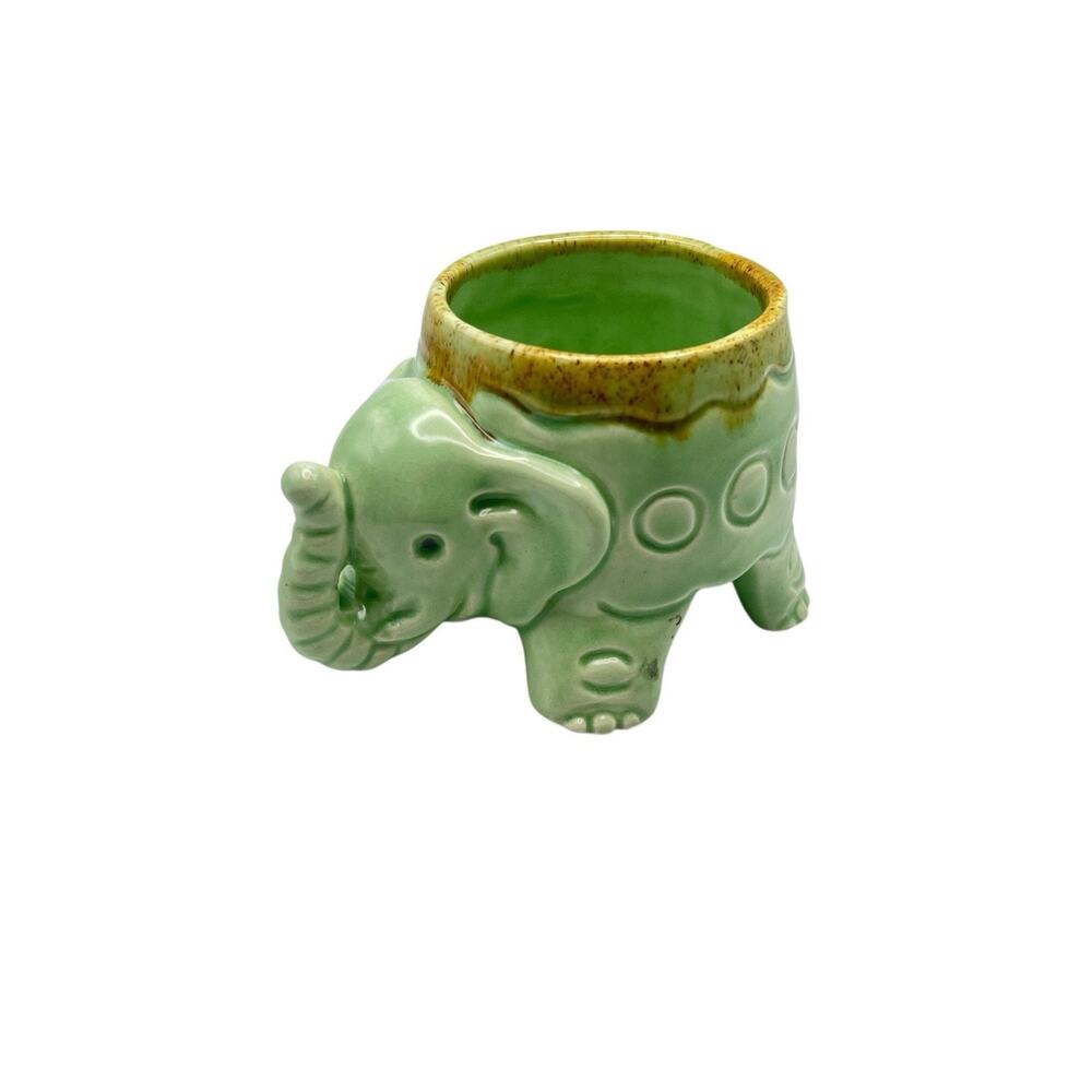 Elephant Planter Miniature Pot Green Trunk Up Succulent Holder Ceramic Retro